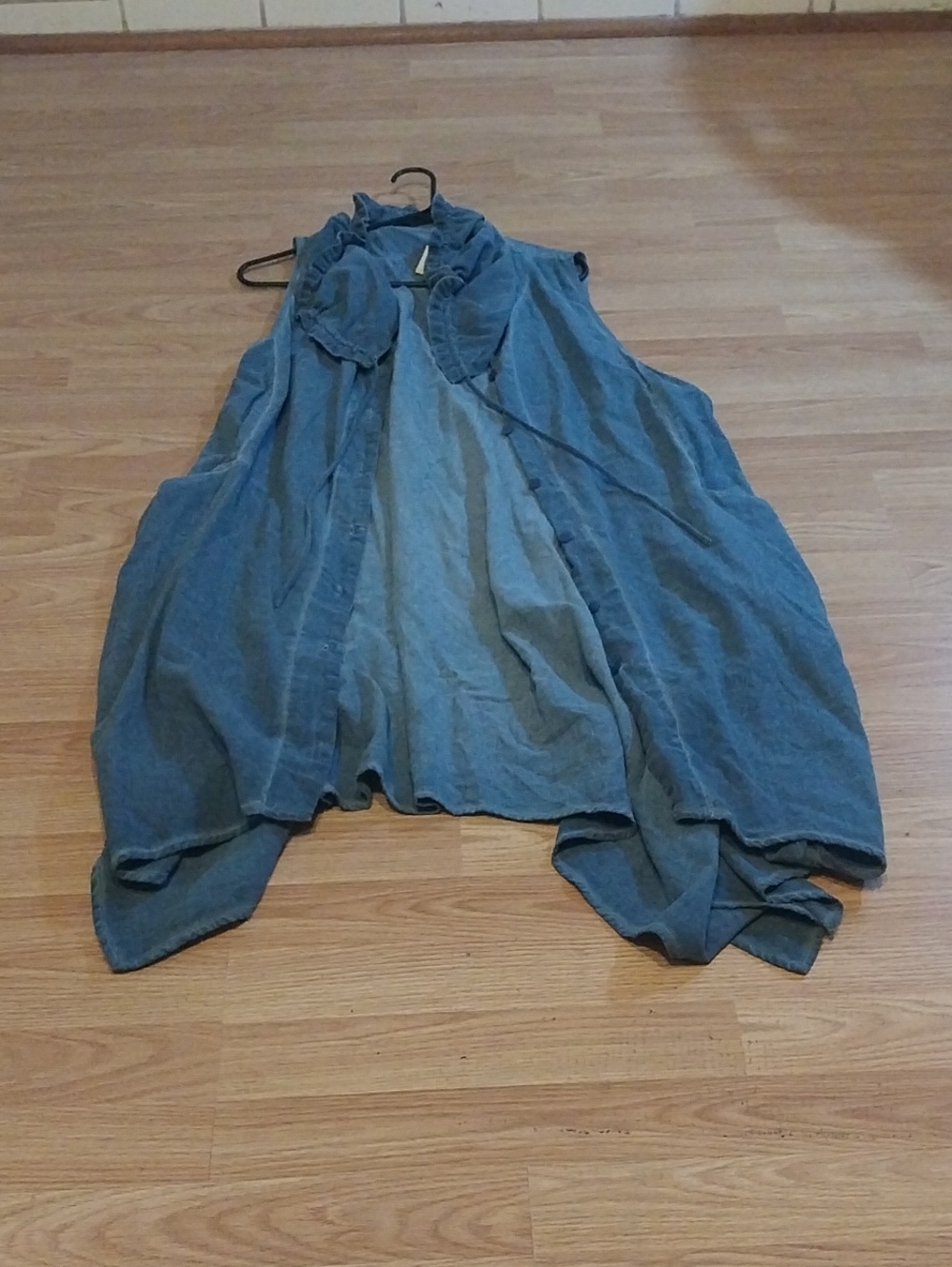 Sleeveless Washed Blue Denim-Look Draped Dress